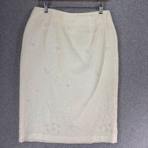 Silk Club Collection Size 10 Linen Floral Embroidered Beaded Pencil Skirt Ivory‎